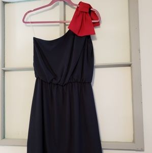 Navy One Shoulder Dress with Red Bow